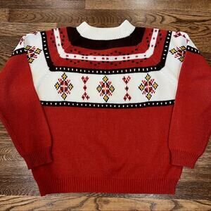 VTG 70s Nordic Fair Isle Knit Sweater Unisex M Retro Burnt Orange Cottagecore